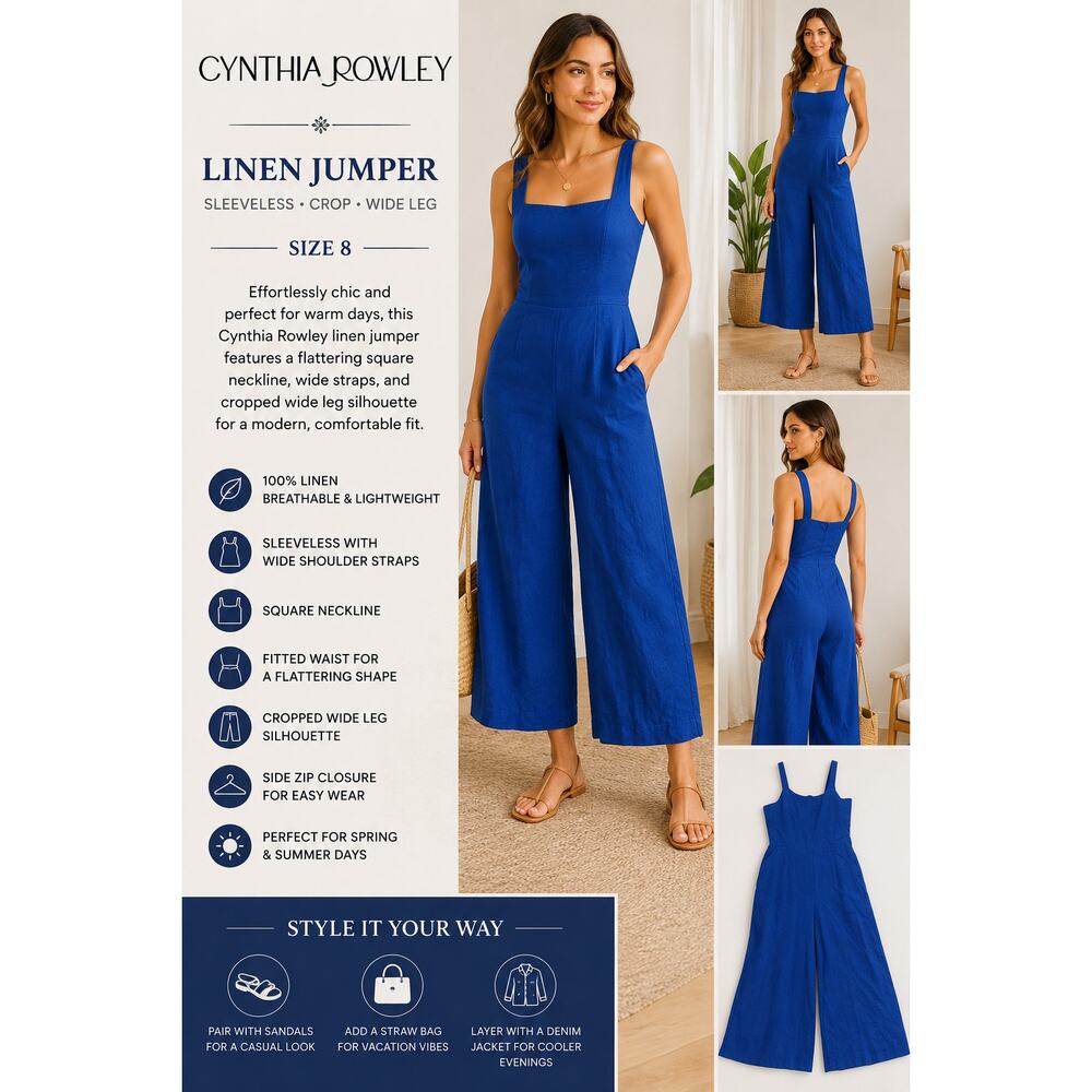 Cynthia Rowley Linen Jumper Wide Leg Crop Blue Sleeveless SZ8